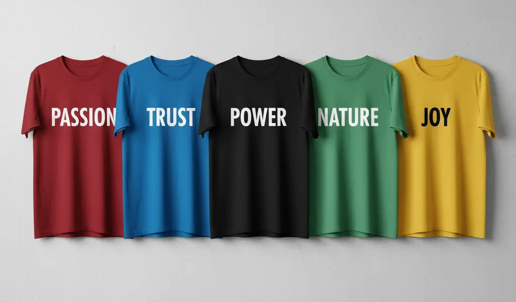 Ejemplo práctico de colores para tu diseño de camisetas: rojo pasión, azul confianza, negro poder, verde naturaleza y amarillo alegría, mostrando la psicología del color.
