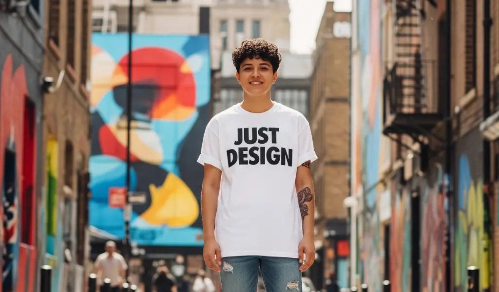 Persona con camiseta blanca con el texto Just Design, en una calle con murales de colores. Ejemplo de diseño de camisetas en entorno urbano creativo.